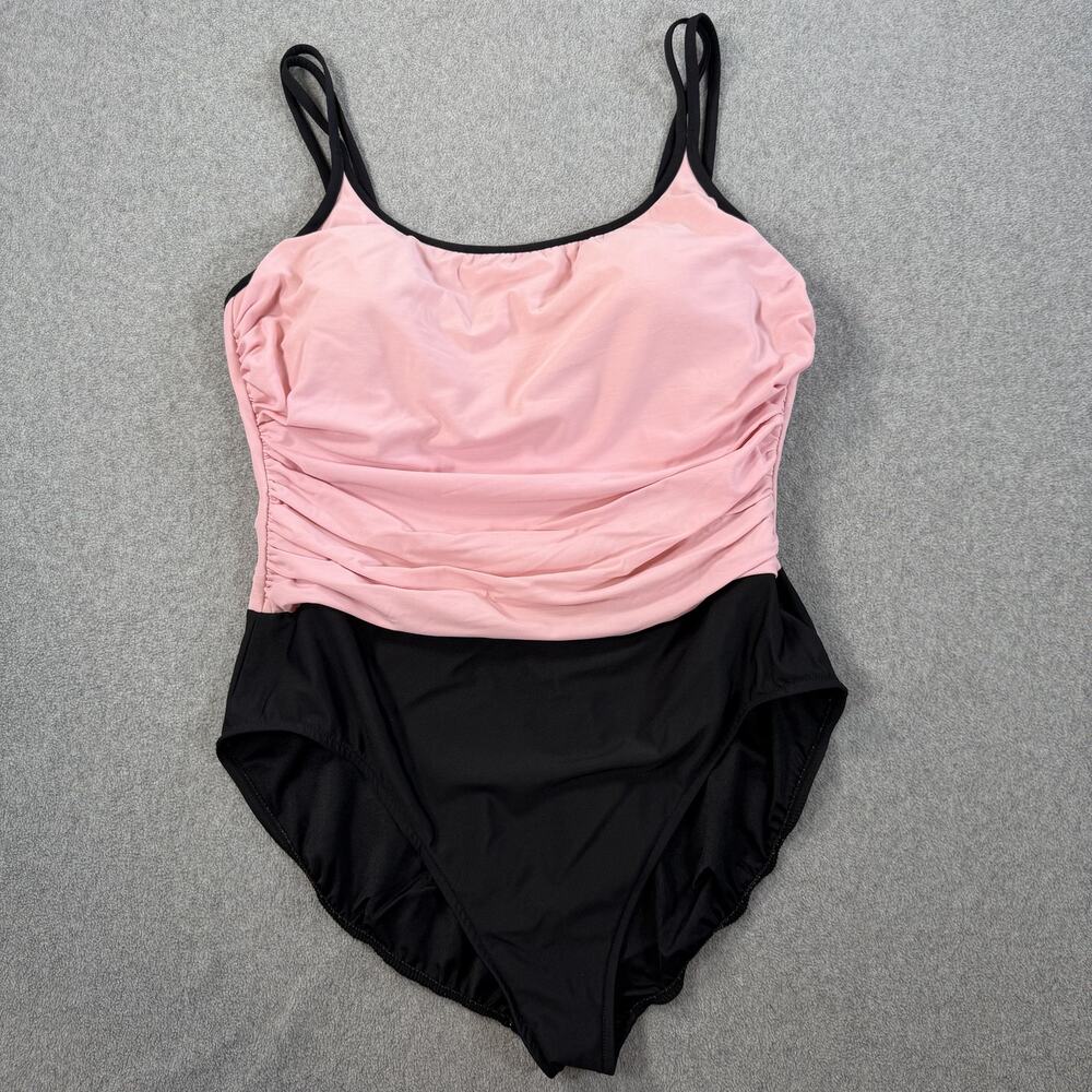 TRIMSHAPER Women's 18 Pink Black Ruched One Piece Swimsuit Tummy Control